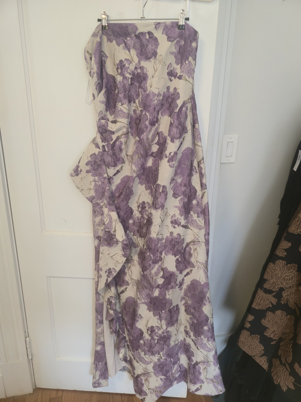 Donna Karan Cream Strapless Gown with Lavender Floral Motif